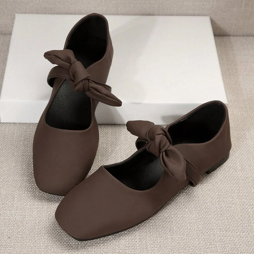 Coffee Brown Elegant Women's Low-Cut Flats with Bow Accent